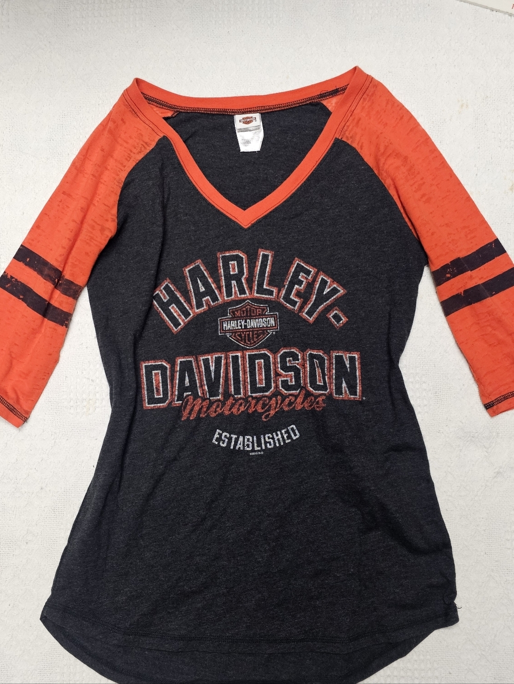 Womens Harley-Davidson Black and Orange Raglan V-Neck Kids Tee